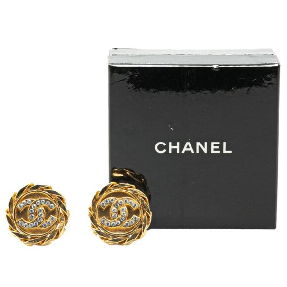 CHANEL CC Logos Rhinestone Round Twist Clip-On Earrings Gold Tone 23 Auth w/Box - Picture 4 of 4